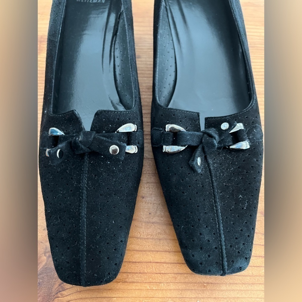 Stuart Weitzman Suede Bow Kitten Square Toe Heels - image 7